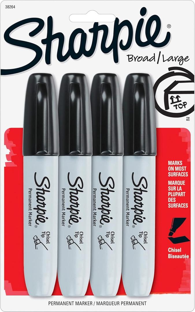 Sharpie Permanent Markers, Chisel Tip, Black, 4 Count