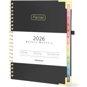 Forvencer 2026 Planner, Hardcover Calendar Planner Weekly and Monthly, Jan 2026 - Dec 2026, 8.5" x 11", Spiral Agenda Book with Tabs, Exquisite Daily Journal Organizer for Home School, Black