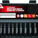 EPAuto 1/2-Inch Drive Metric Deep Impact Socket Set, Cr-V, 6 Points, 11 Sockets (Black)