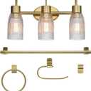 Globe Electric 63000208 5-Piece All-in-One Bathroom Accessory Set with 19" 3-Light Vanity Light, Matte Brass, Ribbed Glass Shades, Towel Bar, Robe Hook, Toilet Paper Holder, Towel Ring, Powder Room