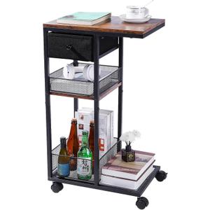 C Shaped Side Table with Wheels, Small Sofa End Table with Drawer Storage Basket for Small Spaces,Rolling Couch Bedside Tables for Living Room, Bedroom, Rustic Brown and Black