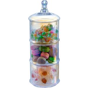 MyGift 16-Inch Modern 3-Tier Iridescent Rainbow Glass Apothecary Jars with Lids – Transparent Stacking Candy, Cookie, and Bathroom Storage Containers Multi