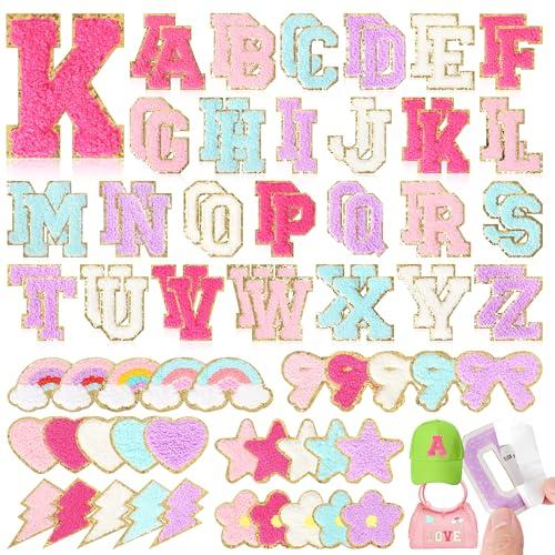 Chenille Letter Patches Self-Adhesive for Backpacks: Funcolor 82PCS Stick on Varsity Letter Patches - Cute Star Lightning Heart Rainbow Chenille Patch Stickers for Clothing Hats Bags