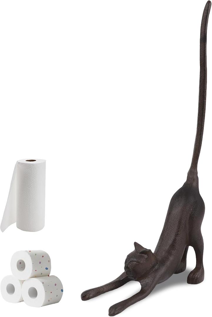 Cast Iron Cat Paper Towel Holder for Bathroom & Kitchen - Vintage Cast Iron Free Standing Paper Roll Holder, Medium