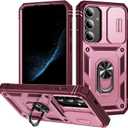 for Samsung Galaxy S24 Case Military Grade Drop Shock Protection Cell Phone Cover with Slide Camera Cover Built-in 360 Rotate Ring Stand for S24 6.2 -Pink/Red