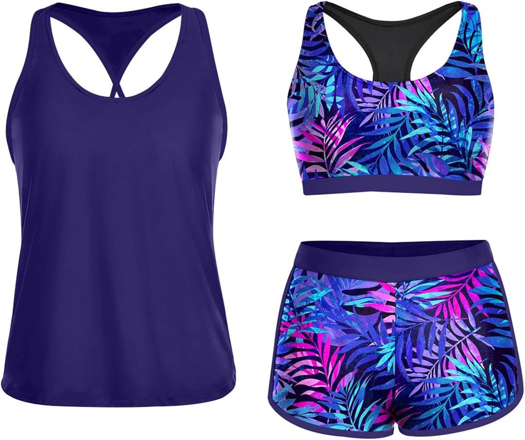 Yonique 3 Piece Athletic Tankini Swimsuits for Women with Shorts Swim Tank Tops with Sports Bra and Boyshorts Bathing Suits (X-Large, Blue Purple Leaves)