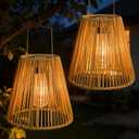 Solar Lanterns Outdoor Waterproof 2 Pack Faux Rattan Hanging Lights | Faux rattan shades, warm LED glow, auto on/off, tabletop or hanging display, metal handles, patio porch and yard decor