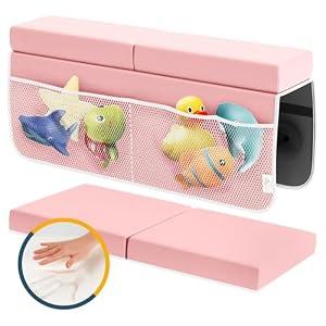 Memory Foam Bath Kneeler and Elbow Rest Pad Set, 2-Inch Thick, Water-Resistant Mat – Baby Bath Time Essentials Cushion and Bath Kneeling Pad for Bathing Baby with Bathtub Toy Organizer (Pink)