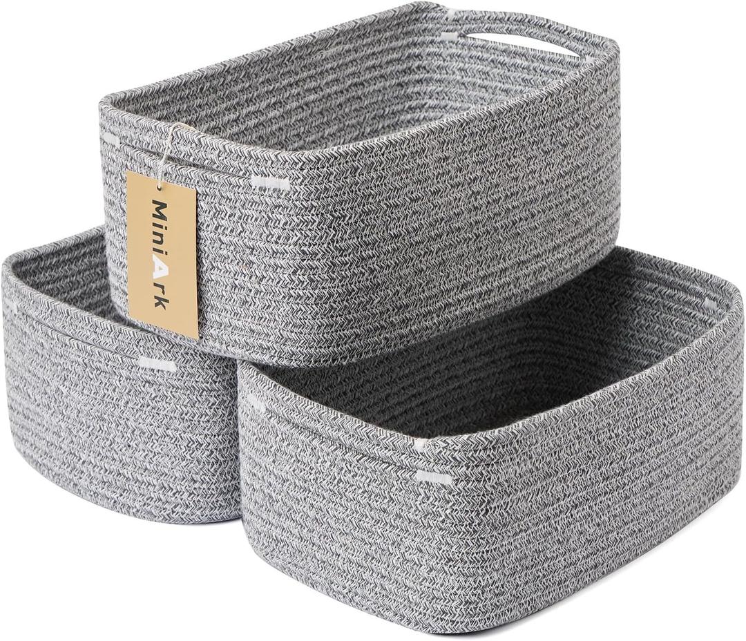 MiniArk Small Storage Baskets for Organizing | Closet Organizer Bins | Shelf Toy Basket | Woven Rope Baskets | Cube Decorative Box | Shallow Basket | 13x8.5x5.1 | 3 Packs Mixed Grey