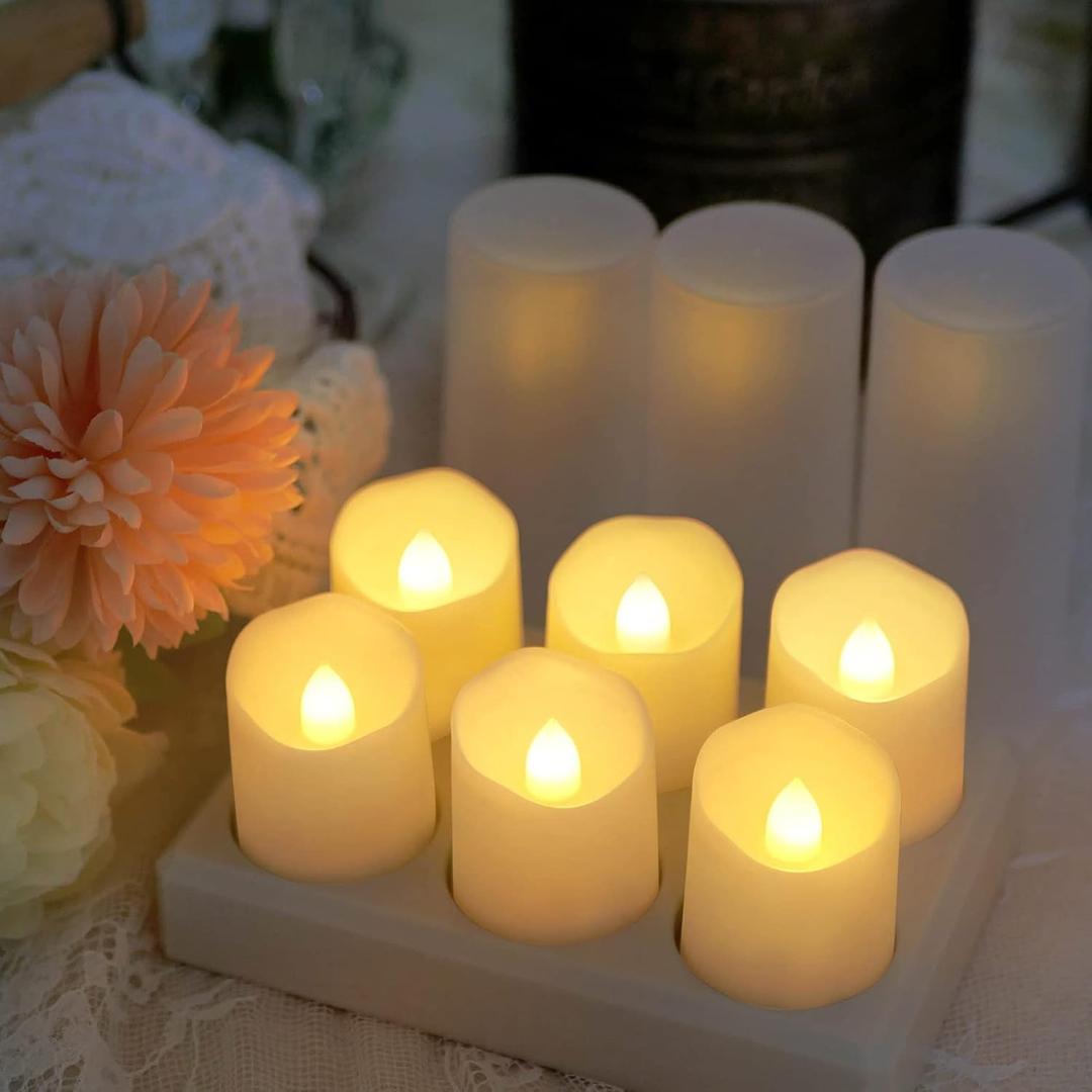Rechargeable Tea Lights LED Flameless Christmas Candles, Set of 6 Electric Votive Tealights Flickering Candle with Remote Timer and Charging Holder for Home Centerpiece Party Holiday Decorations