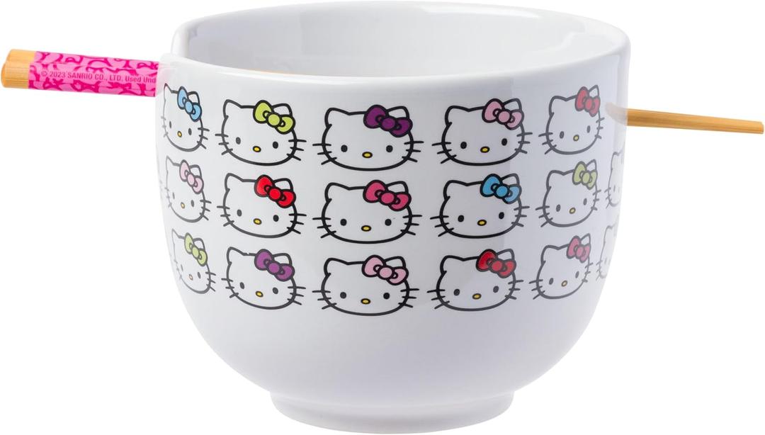 Silver Buffalo Sanrio Hello Kitty Face with Different Color Bows Pattern Ceramic Ramen Noodle Rice Bowl with Chopsticks, Microwave Safe, 20 Ounces