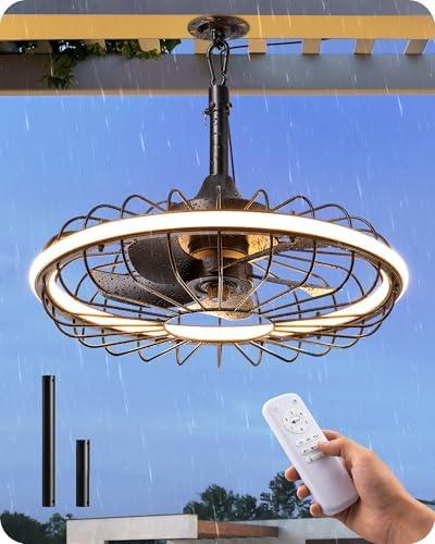 EDISHINE 20" Outdoor Ceiling Fan with Light, 3CCT Dimmable Waterproof Caged Fan Remote, 5 Blades 6 Wind Speeds Reversible DC Motor, Plug in Hanging Hook Quiet Gazebo Fans for Patios, Porch, Pergola