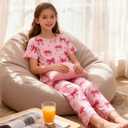 Funnycokid Girls Pajamas 3 Piece Short Sleeve Shirt Top Pants Shorts with Pockets 7-14 Years (Pink)