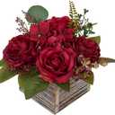 Flower Arrangement with Wooden Vase 8" Artificial Flowers in Pot - Fake Flowers Roses Peonies Hydrangeas in Wooden Vase Potted Artificial Flower Centerpieces for Table Decor Living Room - Red