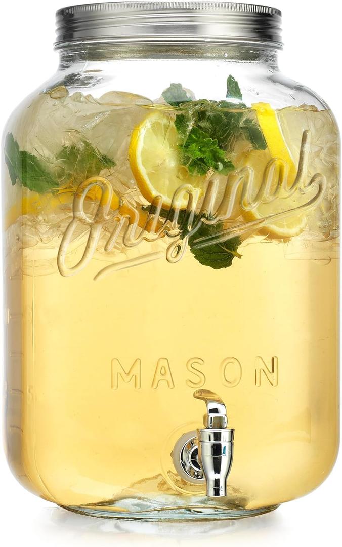 2 GALLON Glass Drink Dispensers for Parties, Original Mason Ice Beverage Dispensers, Glass Water Dispenser with Spigot, Laundry Detergent Dispenser, Lemonade Dispenser