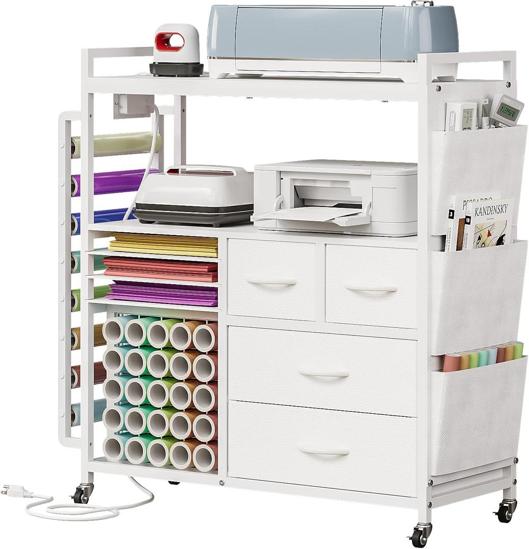VENNQD Large Craft Organizer and Storage Rolling Cart Compatible with Cricut Machine with Fabric Drawers Vinyl Roll Holder Accessories for Home Craft Workstation Room (White)