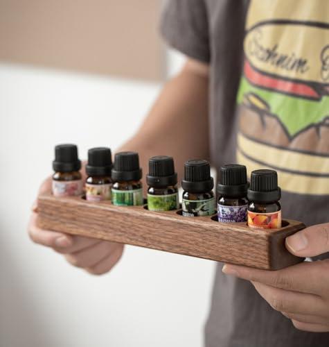 AXUYU Wooden 7 Slots Essential Oil Organizer, Nail Polish Shelf, Durable wood Makeup Display Stand, Makeup Storage Rack for Tabletop Essential Oils Perfume Rack for 10-20ml Bottles (7 Slots)