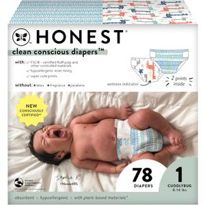 The Honest Company Clean Conscious Diapers for Sensitive Skin | Hypoallergenic, Fragrance Free | Gender Neutral Prints | Club Box, Size 1 (8-14 lbs), 78 Count (Dots & Dashes + Multi-colored Giraffes)