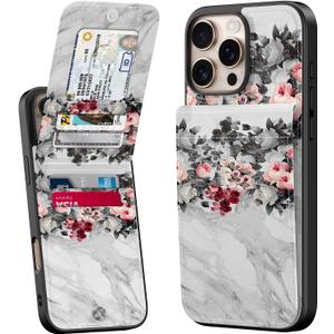 Bemal for iPhone 16 Pro Wallet Case, Built-in Card Holder, Fashion Printed, RFID Blocking, PU Leather Kickstand, Magnetic Closure, Shockproof Phone Cover for Women and Men, Flowers and Grey Marble