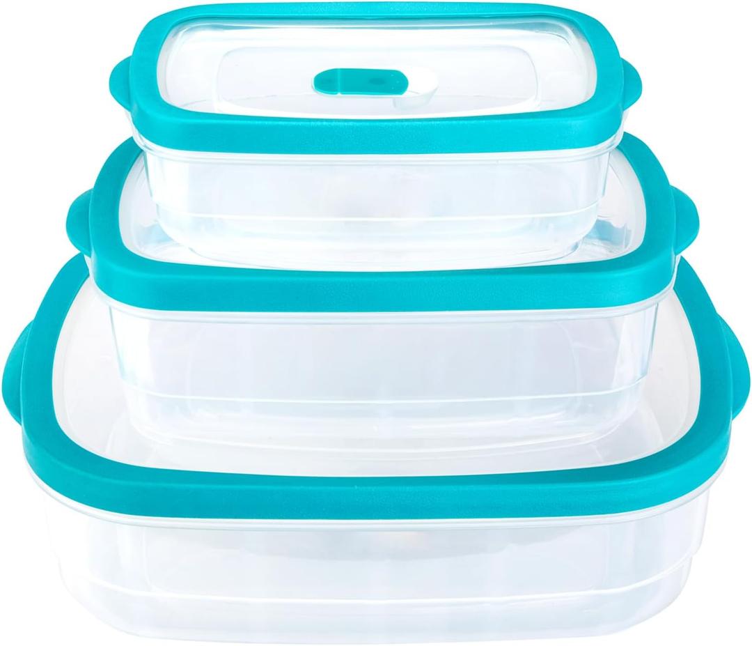 3 Size Clear Plastic Food Storage Containers Set, Plastic Storage Meal Prep Container, with Green Edged Lids, Airtight Stackable for Dry Goods, Food Storage Containers and Microwave Organization