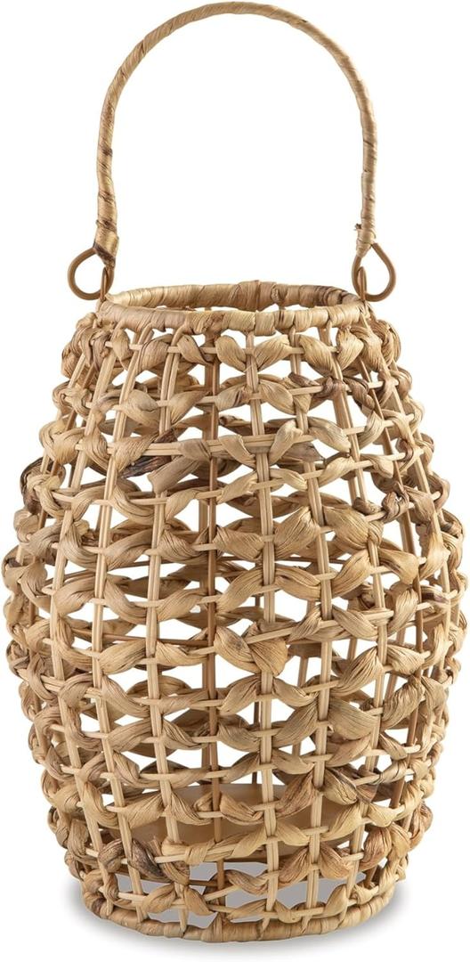 Benjara Enna 17 Inch Lantern, Bohemian Style, Candle Stand, Brown Rattan Woven