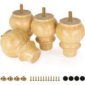 FoDau770 Rubber Wood Furniture Legs 4 Inch, Mid-Century Modern Couch Feet Heavy Duty Sofa Legs Set of 4, Vintage Dresser Feet Round Ottoman Leg Bun Feet Replacement Leg for DIY Furniture Projects