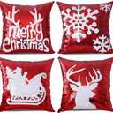 Bling Christmas Sequin Pillow Covers 18 x 18 Inches Set of 4 Red Reversible Sequins Pillow Case Magic Mermaid Throw Decorative Xmas Cushion Cover for Couch
