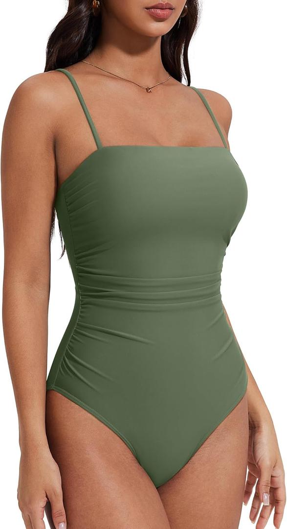 SUUKSESS Women Sexy One Piece Swimsuit Tummy Control Square Neck Bathing Suit (Large, 154 Army Green)