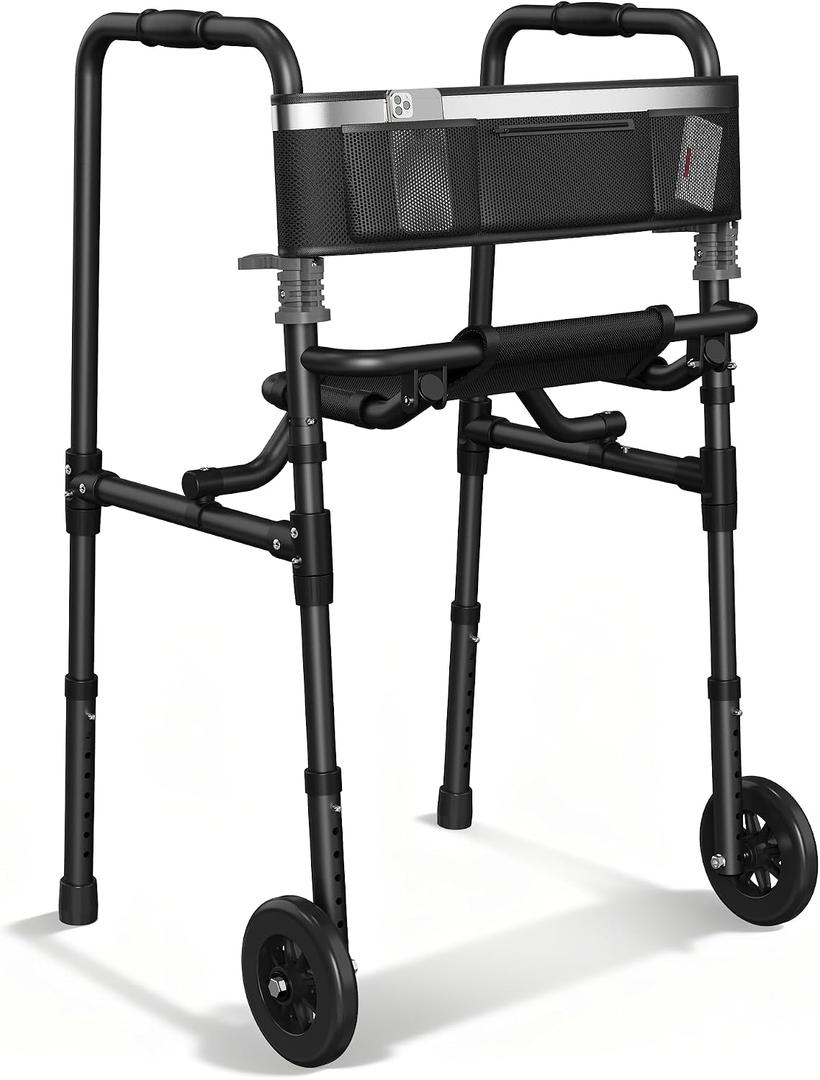 Walkers for Seniors, 2 Wheel Rollator Walker with Seat, 5" Wheels, Foldable Walker with 6" Ultra Backrest & Storage Bag, Height Adjustable, Lightweight Rolling Walker,Only 8LBS