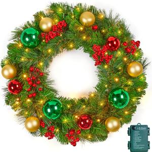 Minetom 24-Inch Pre-Lit Christmas Wreath 24-Inch, Christmas Door Decorations Wreath with 50LED Warm Lights, Christmas Balls, Pine Needles, and Red Berries for Front Door Wall Windows, Green & Gold