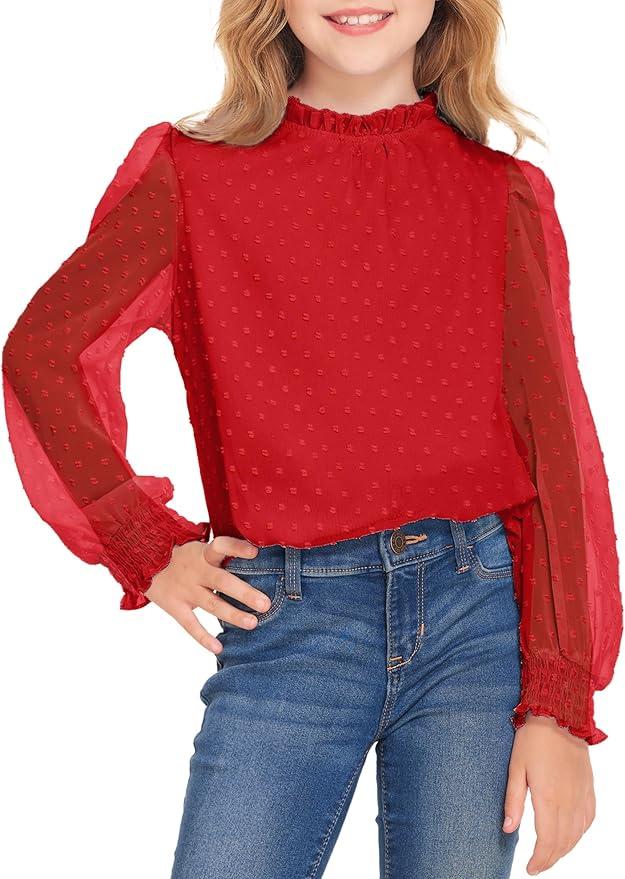 Arshiner Girls Long Sleeve Shirts Chiffon Blouses Swiss Dot Frill Neck Casual Loose Cute Top Tee, 110