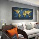 KUNHAAH World Map Wall Art Canvas Print, Vintage Gold Cracked Texture Map of the World Poster, Abstract Navy Blue Ocean Geography Art for Living Room Office Decor, Large Horizontal Map Framed 24"x48"