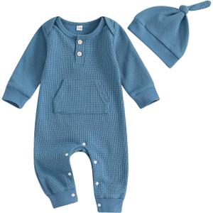 Kuriozud Newborn Infant Unisex Baby Boy Girl Clothes Button Romper Jumpsuit Basic One Piece Outfits (0-3 Months, Long Sleeve With Hat Blue)