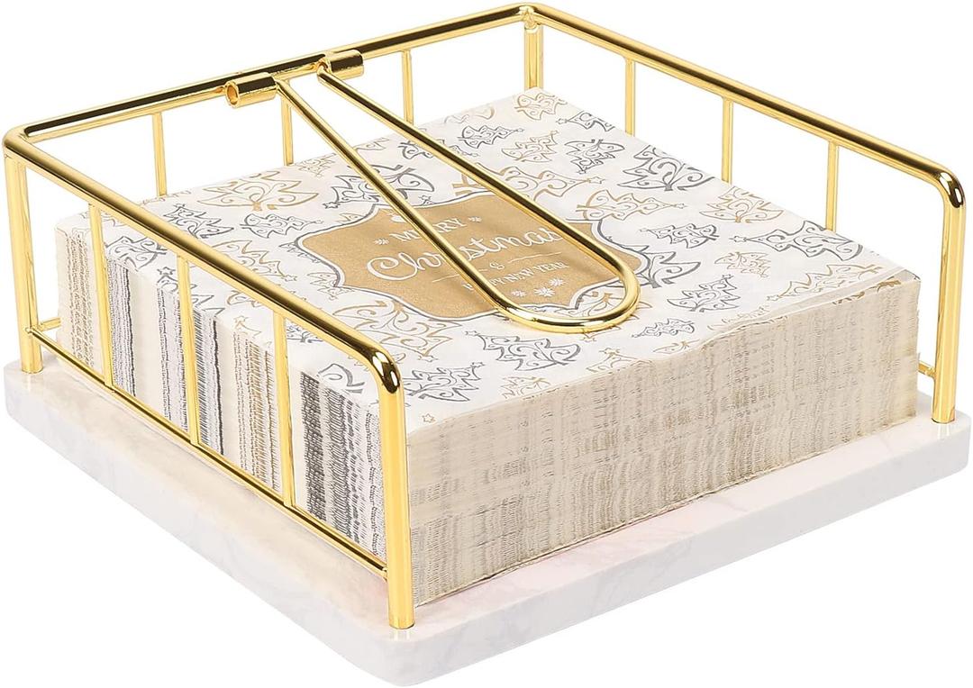 Livabber Flat Napkin Holder, Metal Kitchen Napkin Storage with Weighted Tension Arm Rustic Tissue Paper Dispenser for Countertop, Table Kitchen, Dining Room (With Marble Base, Gold)
