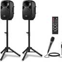 Moukey MPA80 PA System, 8 Inch Active & Passive Powered Rechargeable PA Speakers, 600W Peak Power, with 2 Tripod Stands, Wired Microphone, Remote Control, Support BT/USB/TF/FM/AUX