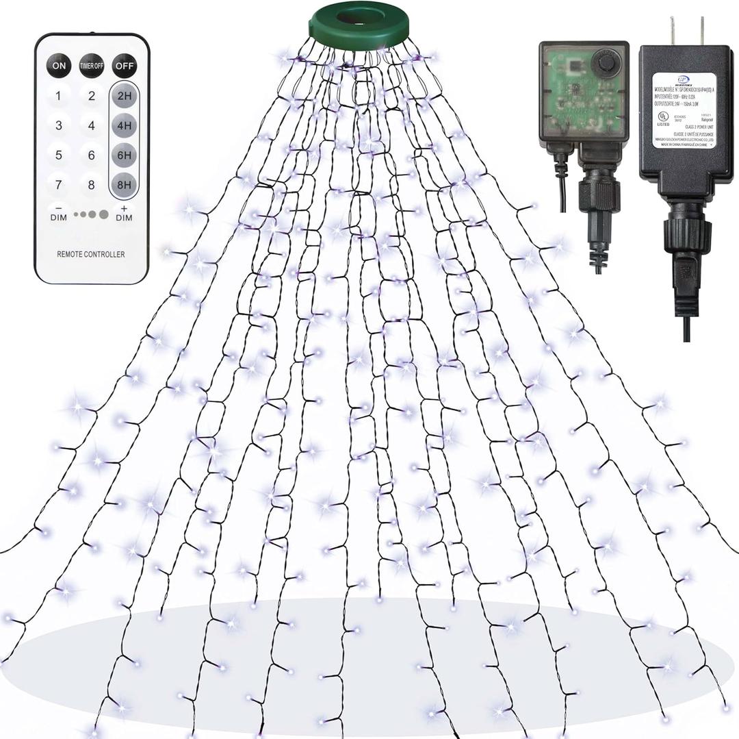 Christmas Tree Lights, 448 LED Waterfall Tree Topper Lights with 8 Lighting Modes, 8.2ft16 Lines Plug in Twinkle Lights with Remote Control for Indoor Outdoor Christmas Tree Decoration (White)