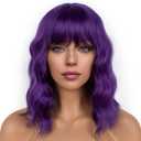 Dark Green Short Bob Wigs with Bangs for Women Loose Wavy Wig Curly Wavy Shoulder Length Bob Synthetic Cosplay Wig for Girl Colorful Costume Wigs, Dark Purple