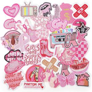 NICEVINYL Embroidered Preppy Iron on Patches: 35PCS Pink Embroidery Sew on Applique Patch for Clothing