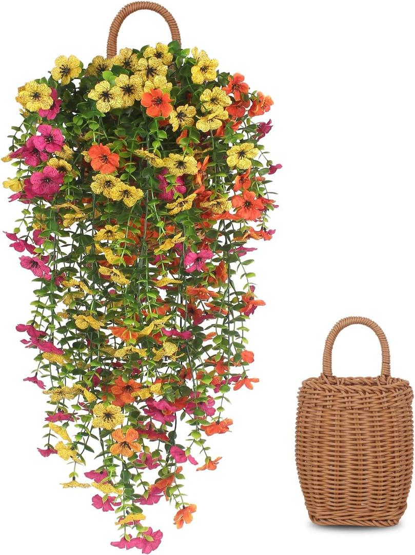 KTGOW 3 PCS Artificial Fake Hanging Flowers Plants with Basket for Spring Autumn Outdoor Outside Decoration, UV Resistant Faux Plastic Fabric Flower for Garden Porch Patio Balcony Yard Decor（Mix）