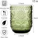 Hacaroa Set of 6 Vintage Drinking Glasses, 12 Oz Green Colored Glassware Floral Embossed Water Glasses, Decorative Beverages Tumblers for Cocktail, Whiskey, Beer