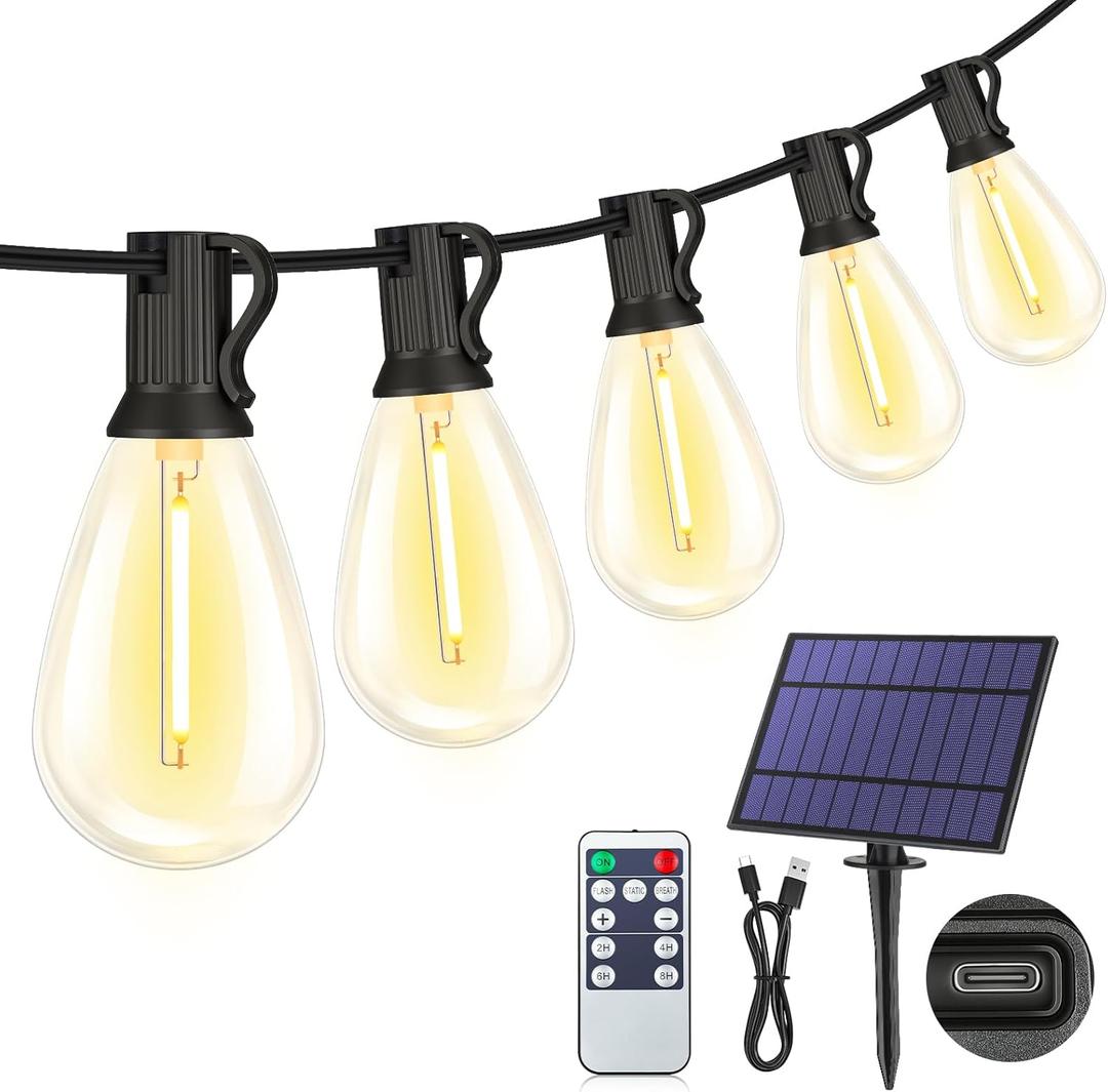 25FT Solar String Lights with Remote, 3 Lighting Mode Outdoor Waterproof Dimmable Patio Lights String with 10+1 Shatterproof S11 LED Bulbs for Backyard-Black
