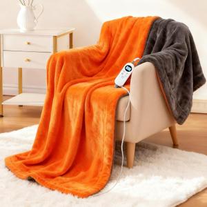 Electric Heated Blanket Throw 50" x 60" Soft Dual-Sided Flannel Fast Heating 12 Heat Levels 112H Timer & Overheat Protection & Auto Shut-Off & Machine Washable (Orange)