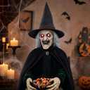 Hourleey Animated Halloween Witch Decorations, Sound & Motion Activated Sitting Witch with Glowing Eyes and Sound, Animatronics Scary Witch Decor for Porch Yard Haunted House Indoor Outdoor Party