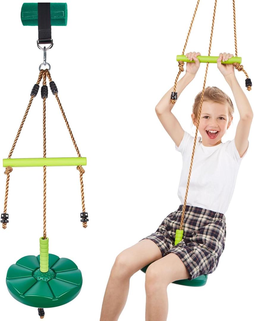 AGPTEK Disc Swing with Monkey Bars,Tree Swing Set Accessories Rope Disk Swing Seat with Carabiner and 22in Hanging Strap Heavy Duty Swingset for Zipline Outdoor Playground, Jungle & Gym, Green 