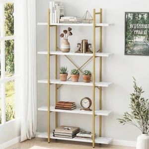 5 Tiers Bookshelf Organizer White Faux Marble Shelf,Modern Open Display Storage Bookcase, and Metal Bookshelf Standing Storage Shelf Tall Shelving Units for Home Office Study