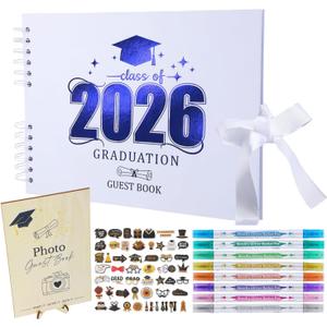 Graduation Guest Book Scrapbook Set 2026 - White Blue 80 Pages Signature Photo Album with 8 Dual-Tip Markers, Stickers, Memory Book Sign for Class of 2026 High School College Grad Party Favors Gifts