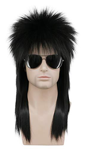 karlery Men Women Long Straight Black Wig 70s 80s Heavy Metal Rocker Wig Disco Mullet Wig, Black