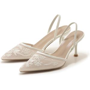 Embroidered Mesh Slingback Heels for Women White Pearl Kitten Heel Pumps Pointed Toe Backless Wedding Shoes (Size 7)