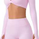 SUUKSESS Women 2 Piece Workout Sets Long Sleeve Twist Deep V Crop Padded Tops Yoga Leggings with Side Pockets (Pink, M)