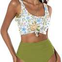 ZAFUL Women's High Waisted Tankini Swimsuit Scoop Neck Ruched Bikini Set Sporty 2 Piece Bathing Suit M